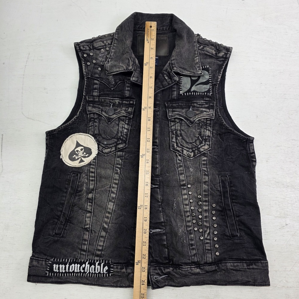 True Religion Distressed Jimmy Western Denim Vest Jacket Black Concrete Men's S - Picture 16 of 16
